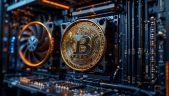 A cryptocurrency mining machine features visible GPU components, cooling fans, and circuit boards.