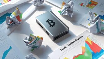 Cryptocurrency wallet displayed on a desk with financial data charts, likely during a financial analysis.