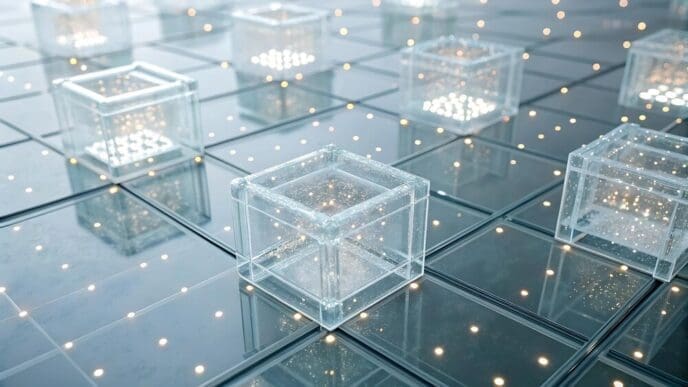 A three-dimensional network of interconnected cubes visualizes futuristic data.