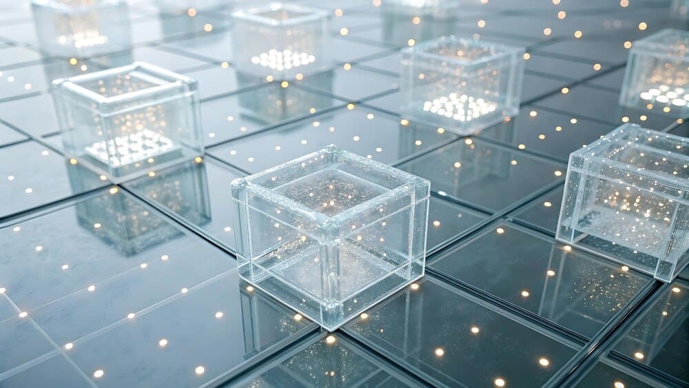 A three-dimensional network of interconnected cubes visualizes futuristic data.