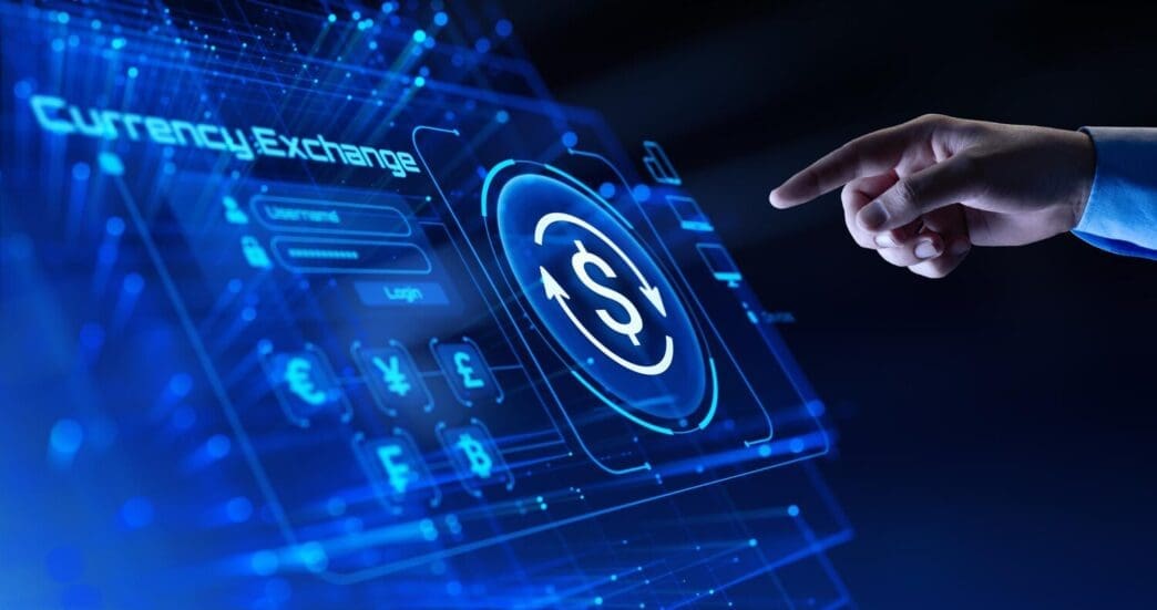 Person's hand touching a digital icon representing currency exchange and global financial trading on a screen.