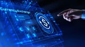 Person's hand touching a digital icon representing currency exchange and global financial trading on a screen.