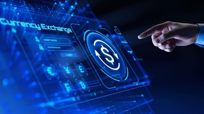 Person's hand touching a digital icon representing currency exchange and global financial trading on a screen.