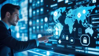 Cybersecurity expert examining network data displayed on a screen.