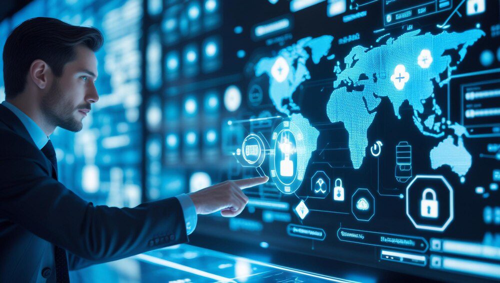 Cybersecurity expert examining network data displayed on a screen.