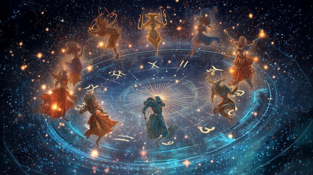 Digital artwork of the twelve zodiac signs encircling a cosmic circle with stars.