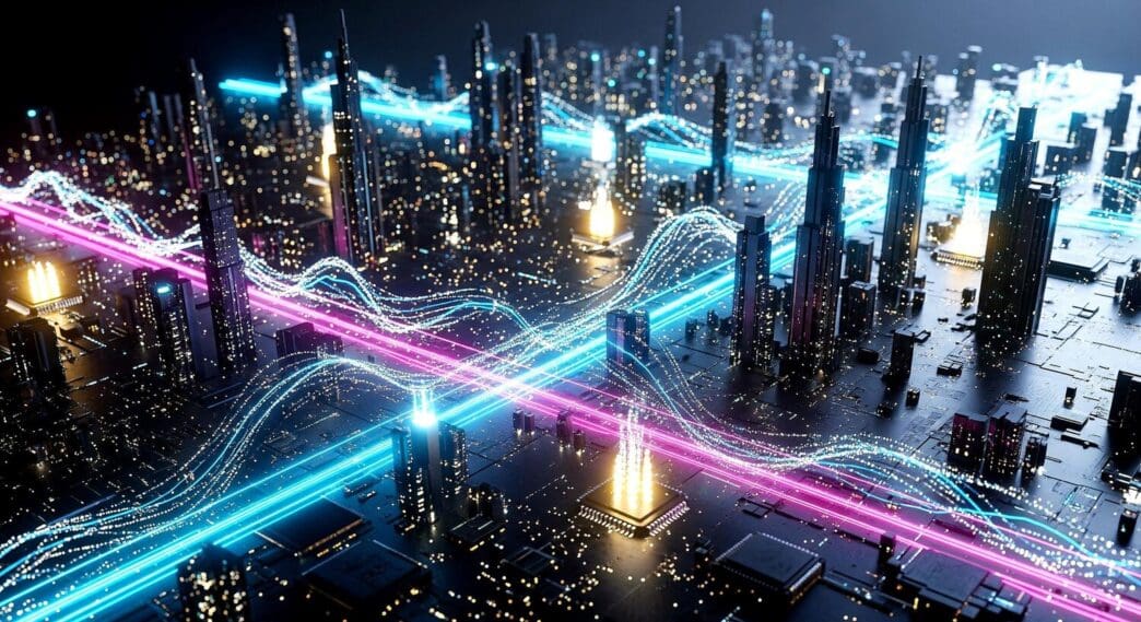 Digital circuit board with neon pathways and particle effects.