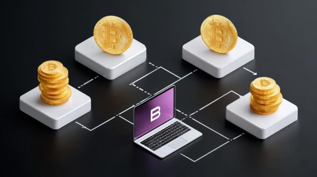 Bitcoin coins on platforms connected to a laptop represent the concept of digital currency.