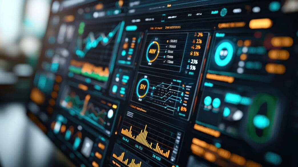 Digital dashboard displaying various data visualizations.