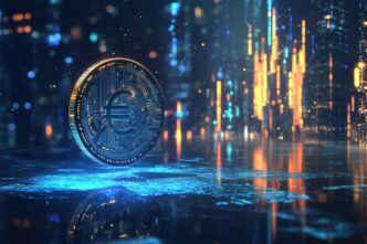A digital Euro coin glows in a futuristic city landscape with vibrant lights.