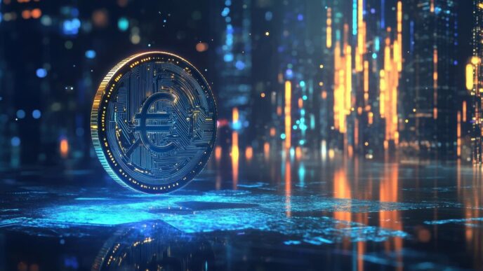 A digital Euro coin glows in a futuristic city landscape with vibrant lights.