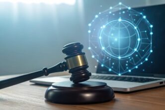 A gavel rests on a wooden desk next to an open laptop, symbolizing digital law and justice.