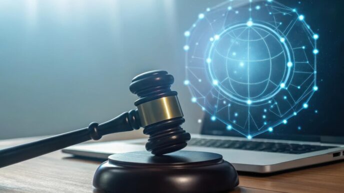 A gavel rests on a wooden desk next to an open laptop, symbolizing digital law and justice.