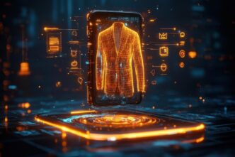 Digital artwork depicts formal attire with glowing accents in a futuristic environment.
