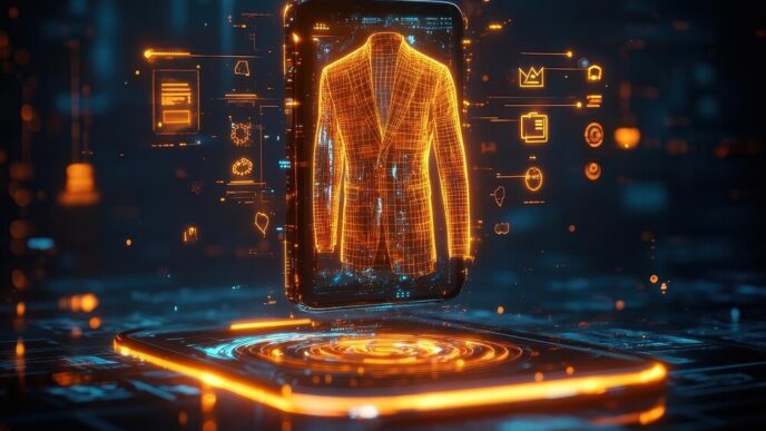 Digital artwork depicts formal attire with glowing accents in a futuristic environment.