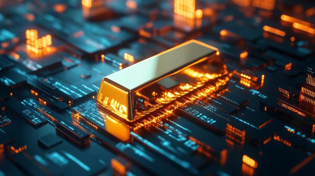 A gold bar is digitally rendered on a circuit board, illuminated by glowing lights and technological elements against a night sky.