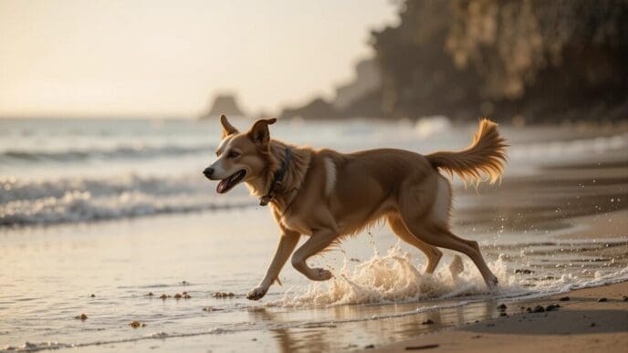 A dog runs on a beach, kicking up water.