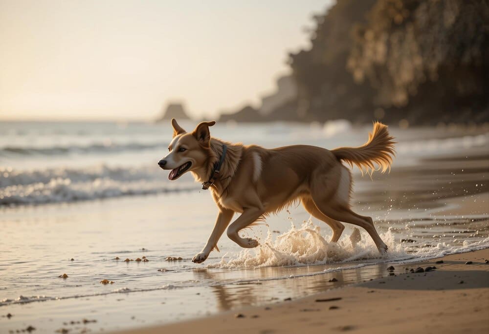 A dog runs on a beach, kicking up water.