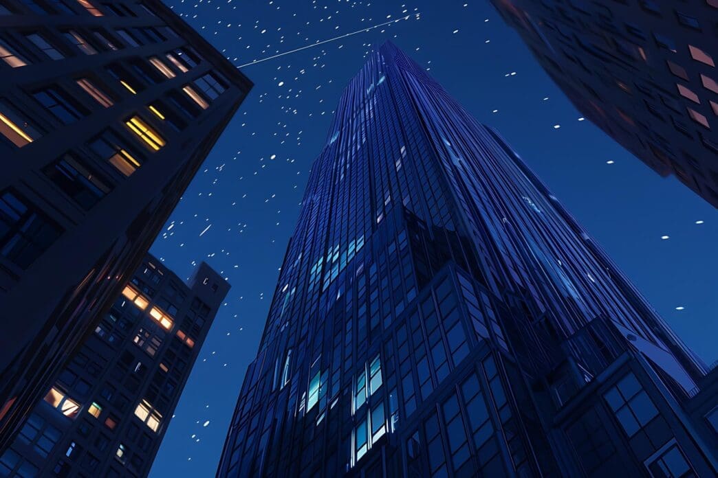 Downtown cityscape with tall buildings silhouetted against a dark blue dusk sky.