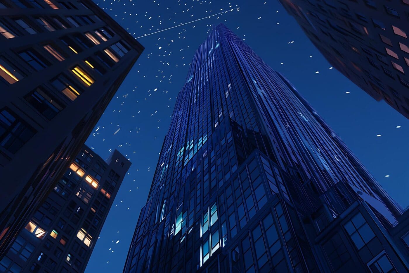 Downtown cityscape with tall buildings silhouetted against a dark blue dusk sky.