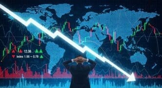 A graph depicts a sharp decline, illustrating a stock market crash and financial downturn.