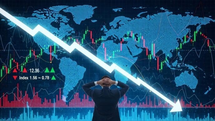 A graph depicts a sharp decline, illustrating a stock market crash and financial downturn.