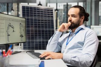 An engineer uses CAD software to design solar panels, potentially improving their efficiency.
