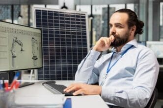 An engineer uses CAD software to design solar panels, potentially improving their efficiency.