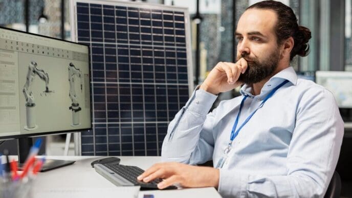 An engineer uses CAD software to design solar panels, potentially improving their efficiency.