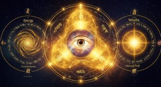 A stylized eye with cosmic patterns represents spiritual enlightenment.