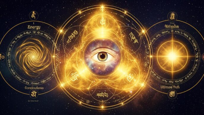 A stylized eye with cosmic patterns represents spiritual enlightenment.