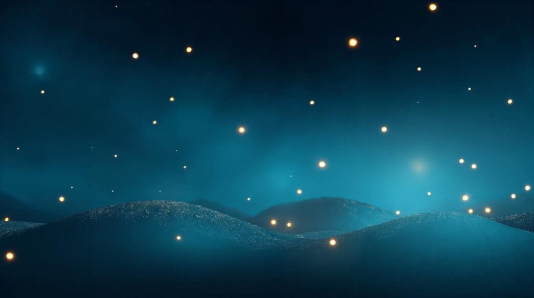 A dark night sky is illuminated by floating, glowing orbs of light.