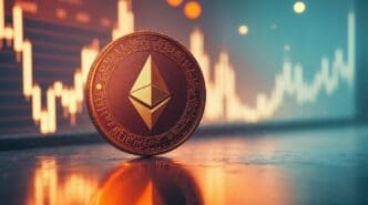 A physical Ethereum cryptocurrency coin sits in front of a screen displaying financial charts.