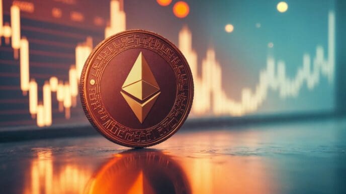 A physical Ethereum cryptocurrency coin sits in front of a screen displaying financial charts.
