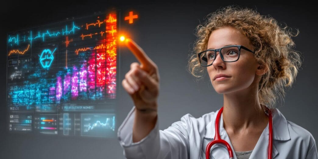 Female doctor in a lab coat uses a holographic medical interface to review patient health data.