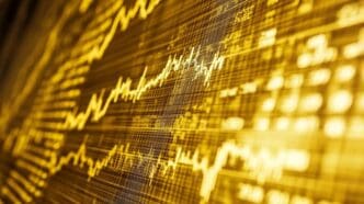Abstract gold chart representing financial data, stock market trends, and business trading.