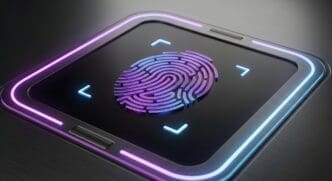 A close-up of a person's finger on a mobile phone screen, illustrating biometric authentication using a fingerprint scanner.