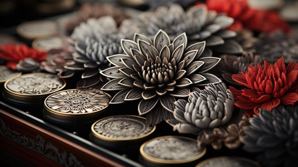 A still life arrangement features colorful flowers and antique medallions.