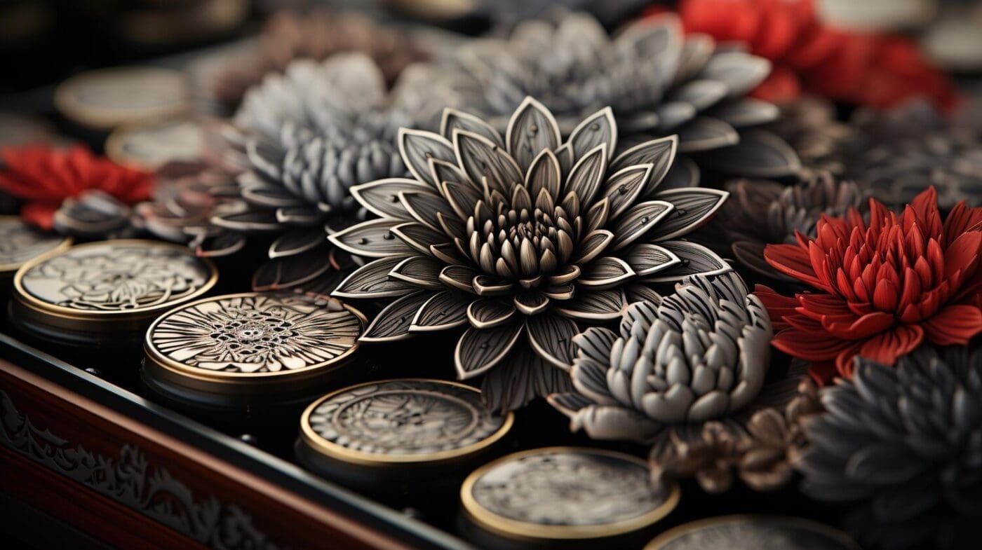 A still life arrangement features colorful flowers and antique medallions.