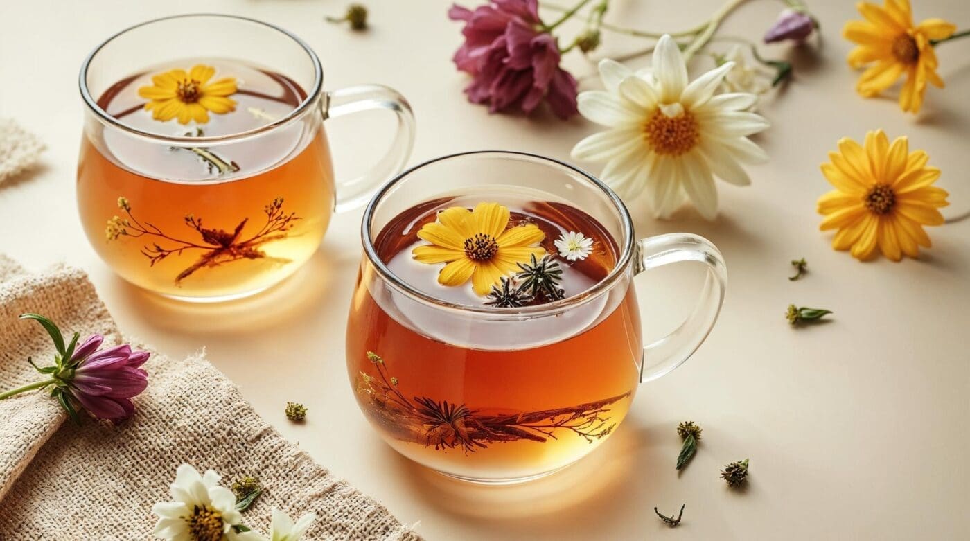 Close-up of delicate floral tea cups filled with tea, surrounded by colorful flowers.