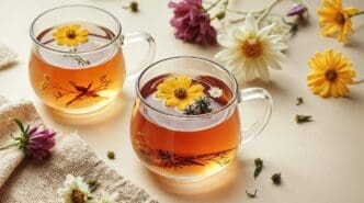 Close-up of delicate floral tea cups filled with tea, surrounded by colorful flowers.