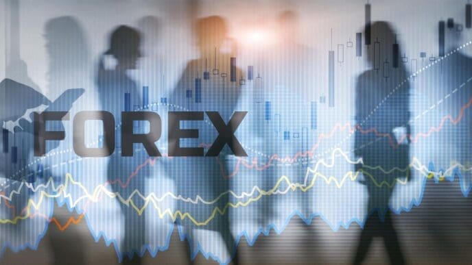 A graphic depicts a financial technology concept with online banking and forex exchange elements.