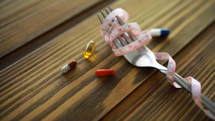 Fork with measuring tape wrapped around it, and pills arranged on a wooden table, representing diet and health.