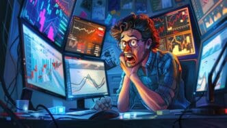 A man with a humorous expression sits at a desk with multiple computer monitors.