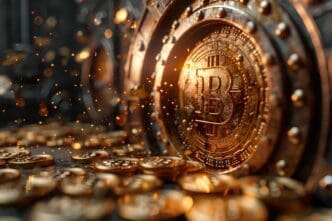 A futuristic vault door opens, revealing a shower of Bitcoin and dollar coins.