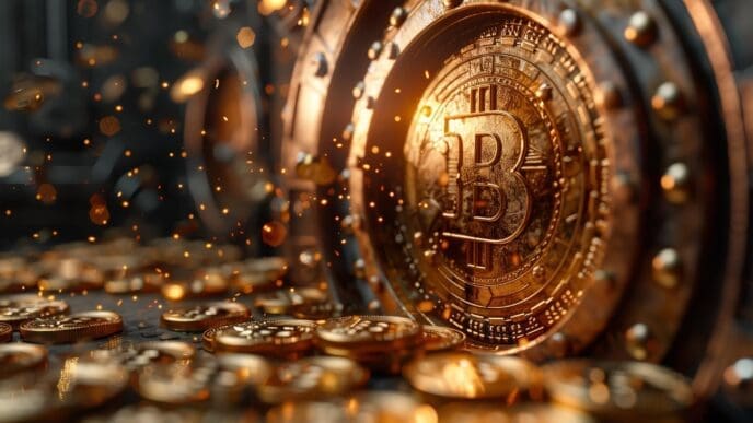 A futuristic vault door opens, revealing a shower of Bitcoin and dollar coins.