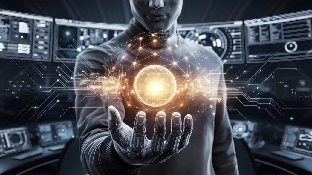 A glowing, spherical digital representation of artificial intelligence and technology floats in a futuristic setting.