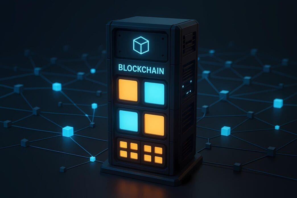 A stylized image depicts a futuristic server and network representing blockchain technology.
