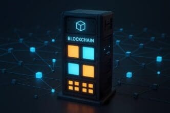 A stylized image depicts a futuristic server and network representing blockchain technology.