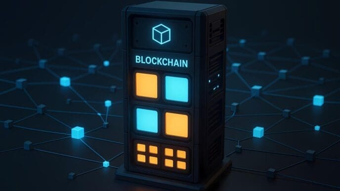 A stylized image depicts a futuristic server and network representing blockchain technology.